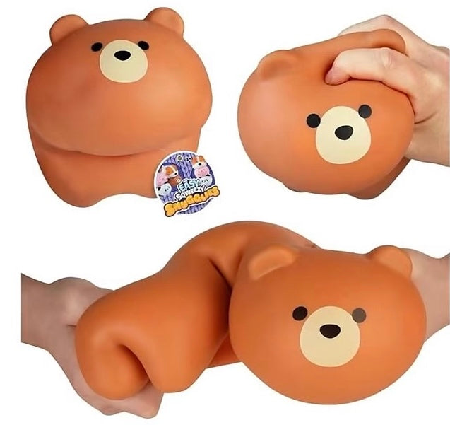 Three views of a brown bear-shaped squishy toy on a white background, with two views showing a hand squeezing the toy. A small round sticker on the side shows the brand 'Squishlings'.