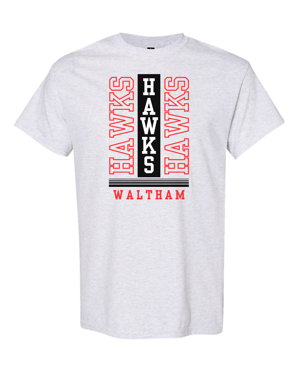 A light heather gray short-sleeve t-shirt with a vertical graphic on the chest featuring the word 'HAWKS' printed in red and black, and 'WALTHAM' printed in red below.