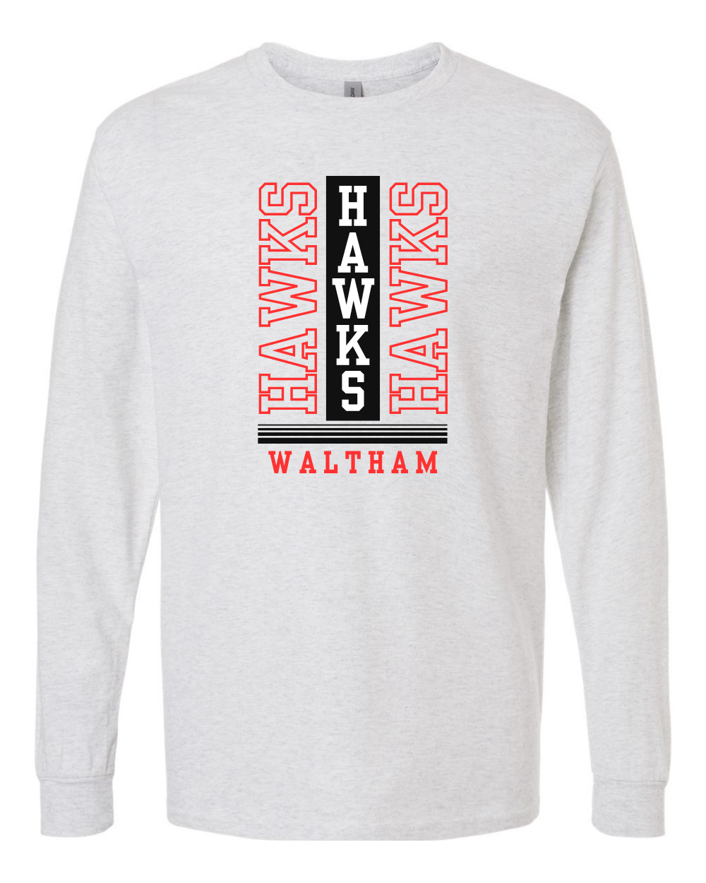 A light heather gray long-sleeve t-shirt with a vertical graphic on the chest featuring the word 'HAWKS' printed in red and black, and 'WALTHAM' below it.