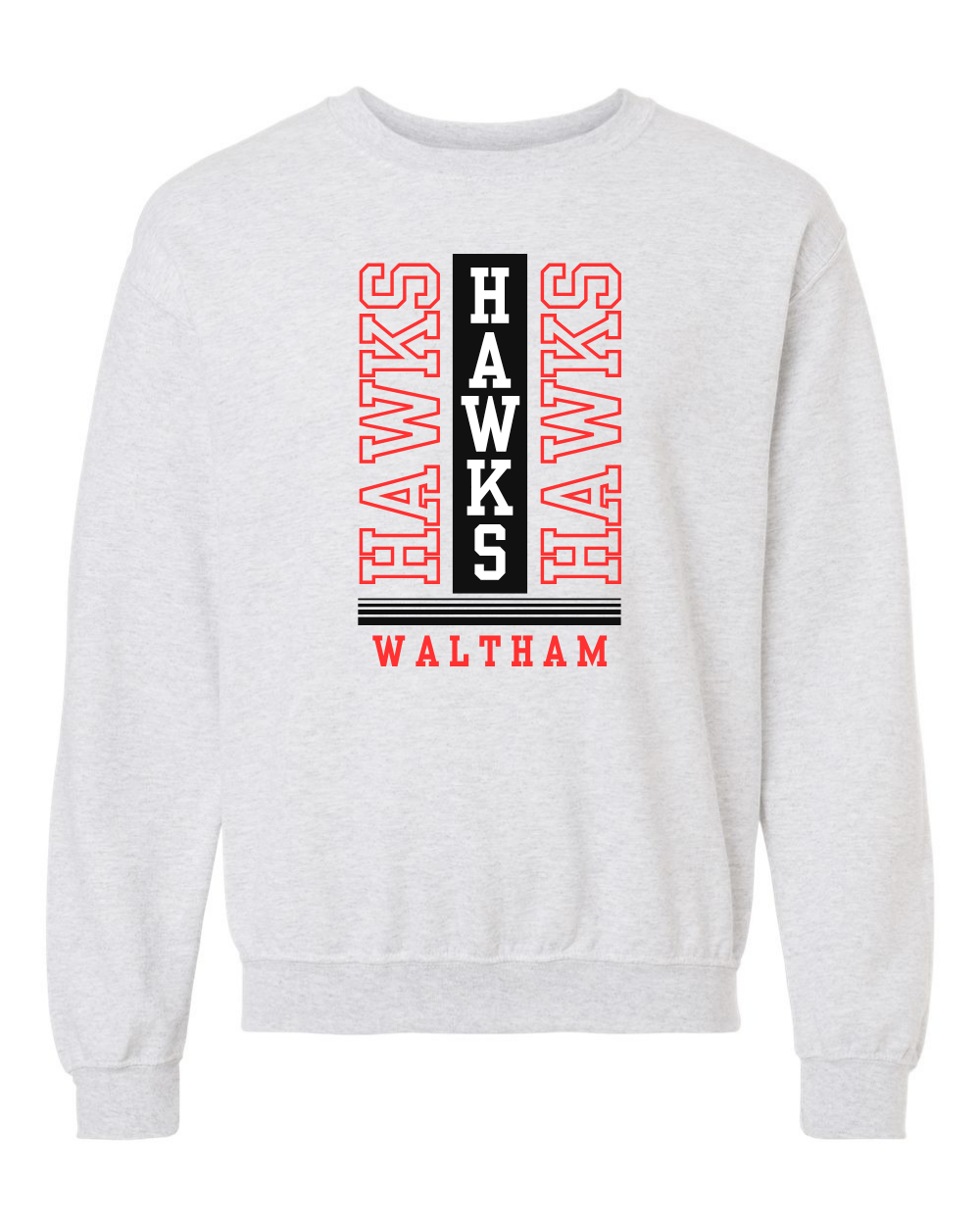 A light heather gray crewneck sweatshirt featuring a front graphic with the word 'HAWKS' printed vertically in red and black, and 'WALTHAM' printed in red below.
