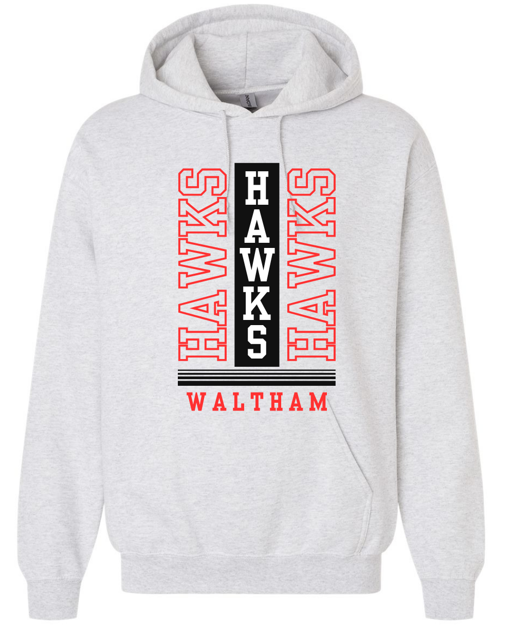A light heather gray pullover hoodie featuring a front graphic with the word 'HAWKS' printed vertically in red and black, with 'WALTHAM' printed below in red.