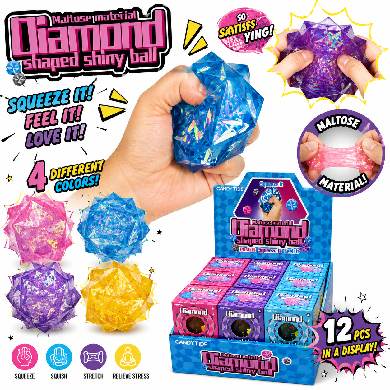 Modek Sports - Maltose Diamond Squishy Ball – 12 PC Display MSND24